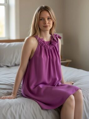 Banana Republic Petite SP 100% Silk Purple Ruffle Tie Shoulder Shift Dress